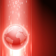 Abstract red background with stream of binary code to the globe. EPS10 vector.