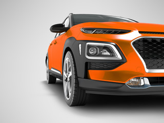 Modern orange car crossover for travel with black insets in front 3d render on gray background with shadows