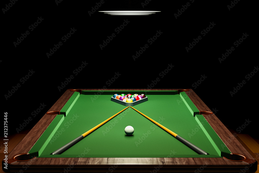 Poster billiard table with balls and cue in room closeup, 3d rendering