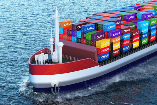 The Netherlands freighter ship with cargo containers sailing in ocean, 3D rendering