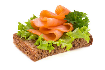 Bread with fresh salmon fillet isolated on white background, top view.