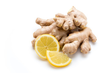 Ginger bio and lemon on white background.