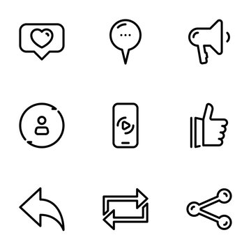 Set of black vector icons, isolated on white background, on theme Internet user interaction