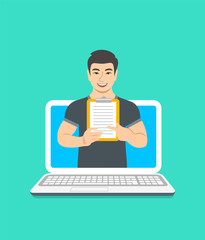 Online fitness trainer concept. Vector flat illustration. Young asian man gym instructor holds a clipboard with training program. Weight loss plan using computer. Healthy lifestyle support by web