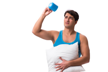 Young man with coffee cup isolated on white