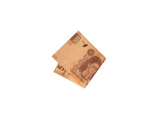 One single folded mexican peso 500 bill isolated on white background