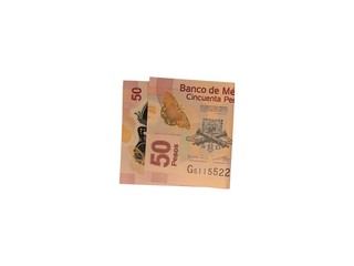 One single folded mexican peso 50 bill isolated on white background