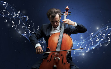 Lonely musical composer with cello and sparkling musical notes around - obrazy, fototapety, plakaty