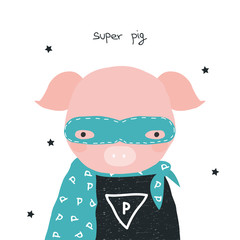 Super pig kids graphic. Vector hand drawn illustration.
