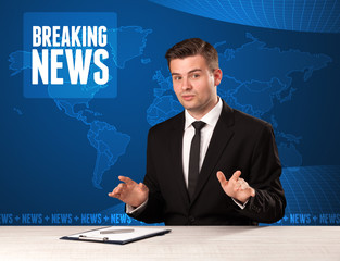 Television presenter in front telling breaking news with blue modern background concept