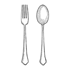 cutlery hand drawing vector. isolated spoon and fork