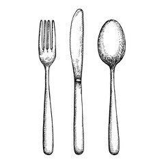 cutlery hand drawing vector. isolated spoon fork and knife - obrazy, fototapety, plakaty