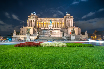Vittorio Emmanuel II Monument on Venice square in Rome at night, Italy