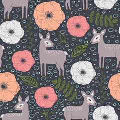 Wektor jelenia, kwiatowe kwiaty i gałęzie w różowy, szary i pomarańczowy powtarzalny wzór - 212382848