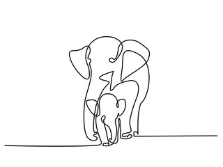 Continuous one line drawing. Elephant with baby symbol. Logo of the elephant. Vector illustration