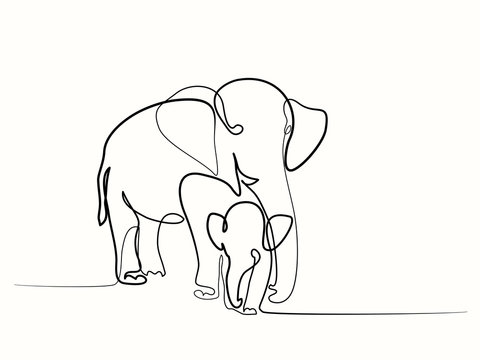 Continuous one line drawing. Elephant with baby symbol. Logo of the elephant. Vector illustration