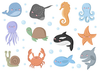 Vector set of cute funny sea animals. Poster with adorable doodle marine objects on background, pastel colors