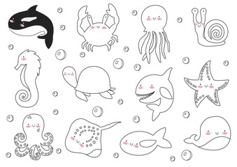 Vector set of cute funny sea animals. Poster with adorable doodle marine objects on background