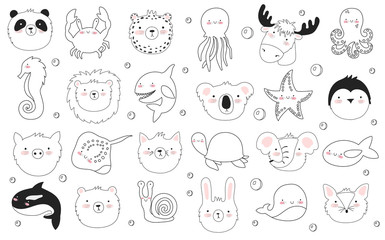 Vector set of cute funny animals. Sticker collection with adorable doodle objects on background