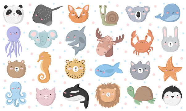 Vector set of cute funny animals. Sticker collection with adorable doodle objects on background, pastel colors