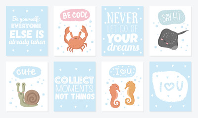 Vector set of cute postcards with funny sea animals. Poster with adorable marine objects on background, pastel colors