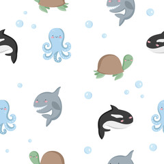 Obraz premium Vector cute seamless pattern with funny sea animals. Wallpaper with adorable marine objects on background, pastel colors. Fabric, baby book, children rooml, birthday