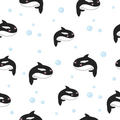 Fototapeta premium Vector cute seamless pattern with funny sea animals. Wallpaper with adorable orca on background, pastel colors. Fabric, baby book, children rooml, birthday