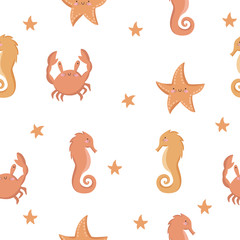 Vector cute seamless pattern with funny sea animals. Wallpaper with adorable marine objects on background, pastel colors. Fabric, baby book, children rooml, birthday