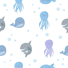 Vector cute seamless pattern with funny sea animals. Wallpaper with adorable marine objects on background, pastel colors. Fabric, baby book, children rooml, birthday
