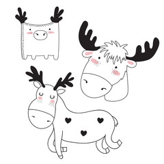Vector collection of cute doodle deer. Adorable objects isolated on background