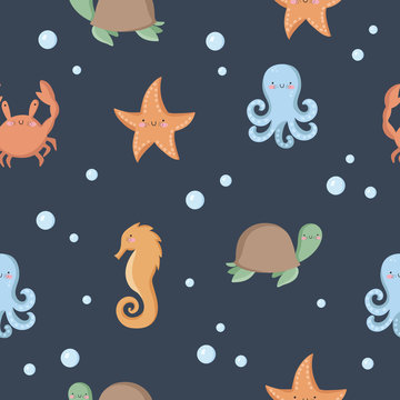 Vector cute seamless pattern with funny sea animals. Wallpaper with adorable marine objects on background, pastel colors. Fabric, baby book, children rooml, birthday