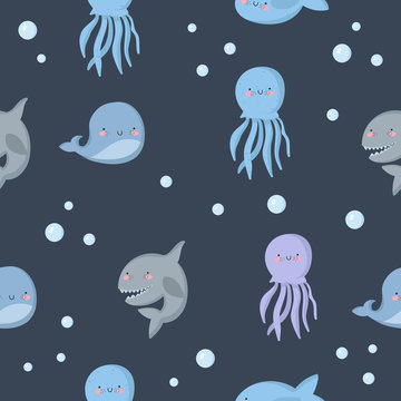 Vector cute seamless pattern with funny sea animals. Wallpaper with adorable marine objects on background, pastel colors. Fabric, baby book, baby shower, children rooml, birthday