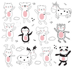 Vector cartoon collection with cute doodle dancing animals. Perfect for postcard, birthday, baby book, children room, anniversary