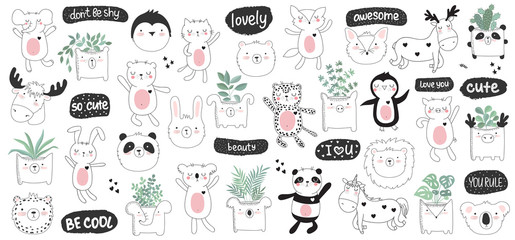 Vector cartoon collection of stickers with cute doodle animals and motivation lettering phrase