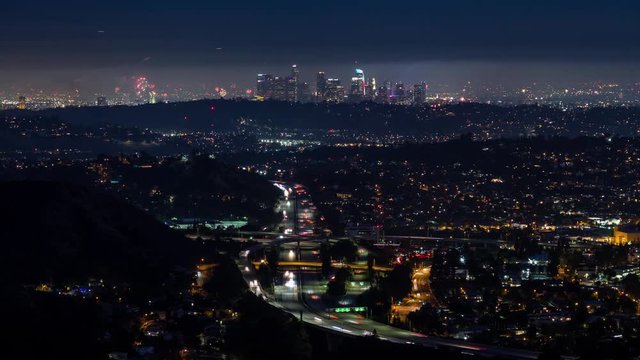 Downtown Los Angeles and Freeway 4th of July Fireworks Night Timelapse