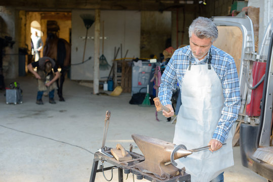 Farrier Shaping Horseshoe On Anvil