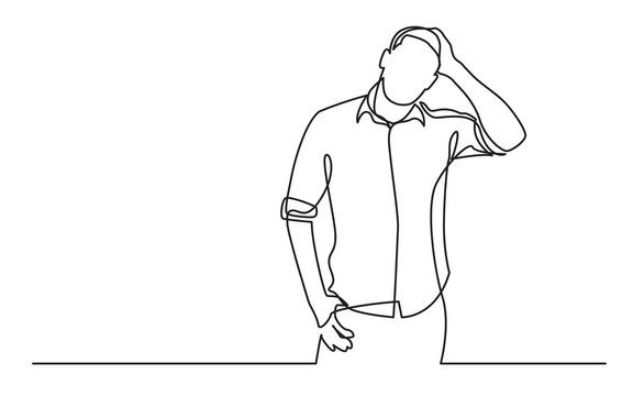 continuous line drawing of standing frustrated man in shirt