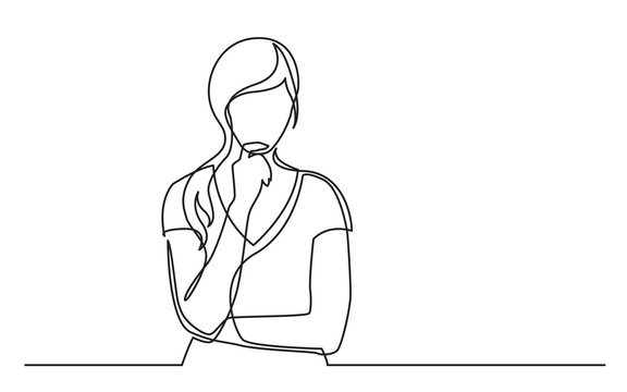 continuous line drawing of woman confused thinking