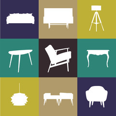 vector interior design illustration. furniture icons. logo. 