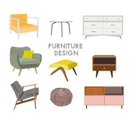 vector interior design  illustration. furniture set collection. armchair, sideboard, pouffe. 