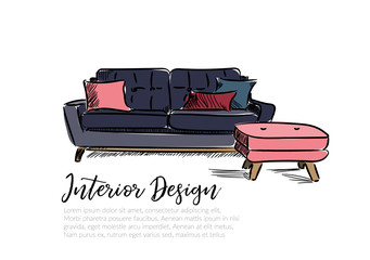 vector interior design illustration. living room furniture. hand drawn drawing sketch. watercolor. 