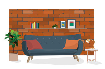 vector interior design illustration. brick wall living room. furniture home house. sofa, plant, side table. trendy contemporary moder. 
