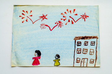 fireworks near the house. two girls are looking at the fireworks. colored pencils. creation. children's drawing