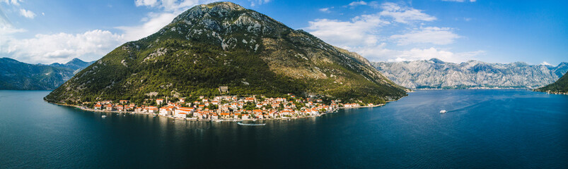 Fototapeta na wymiar Aerial beautiful panoramic view at Perast town. Montenegro