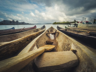 wooden canoe boats, traditional wood boat closeup -