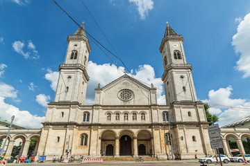 Naklejka premium Munich, Germany June 09, 2018: The Catholic Parish and University Church St. Louis, called Ludwigskirche, in Munich is a monumental church in neo-romanesque style.