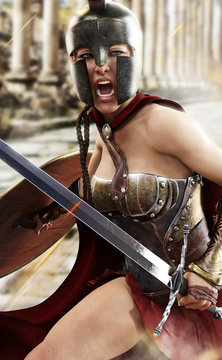 Fighting with valor , a Spartan female is engaged in battle defending her homeland .3d rendering 