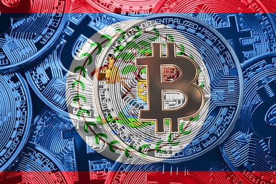 Stack of Bitcoin Belize flag. Bitcoin cryptocurrencies concept. BTC background.