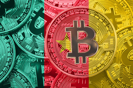 Stack of Bitcoin Cameroon flag. Bitcoin cryptocurrencies concept. BTC background.