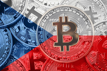 Stack of Bitcoin Czech Republic flag. Bitcoin cryptocurrencies concept. BTC background.